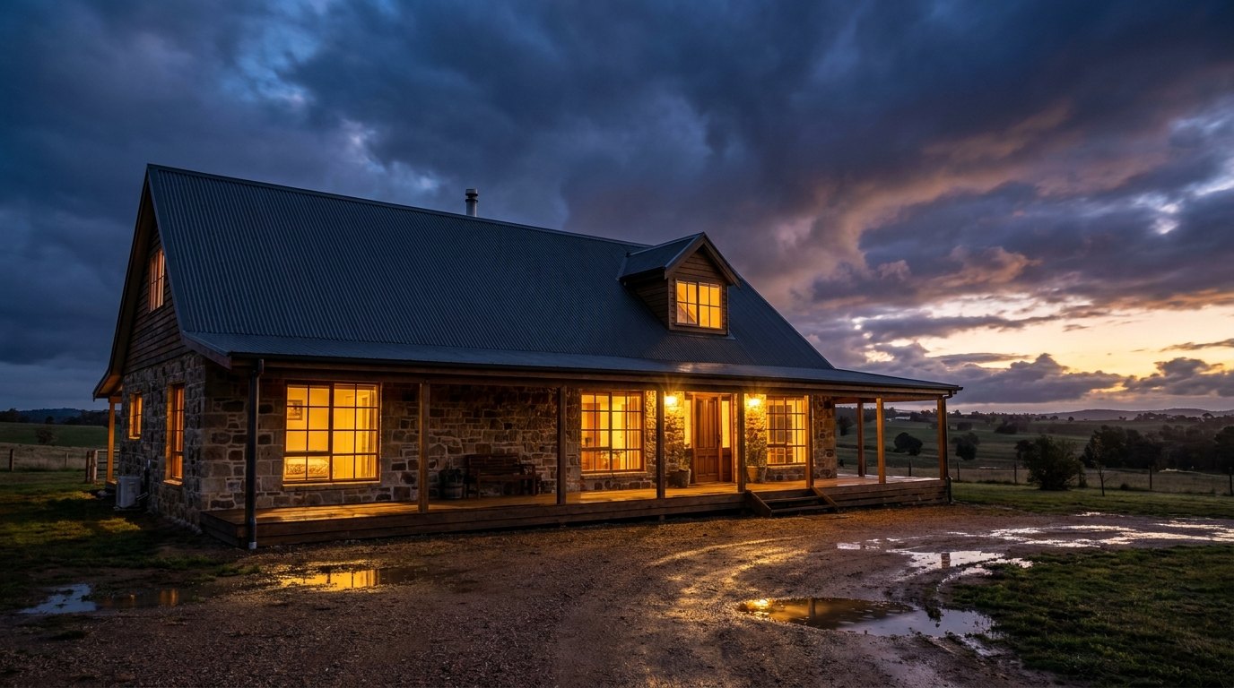 A country homestead with a dark metal roof lit up at dusk