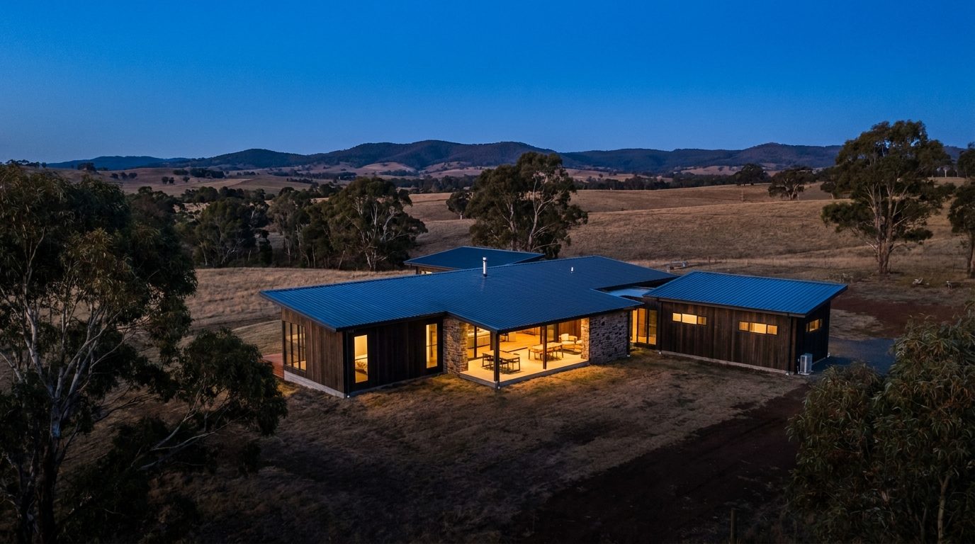 A low country home with a metal roof at dusk with paddocks behind