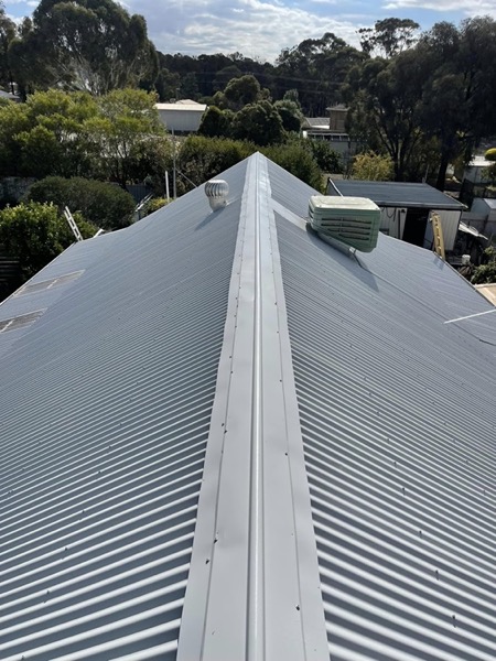 A silver ridge cap running along a corrugated metal roof