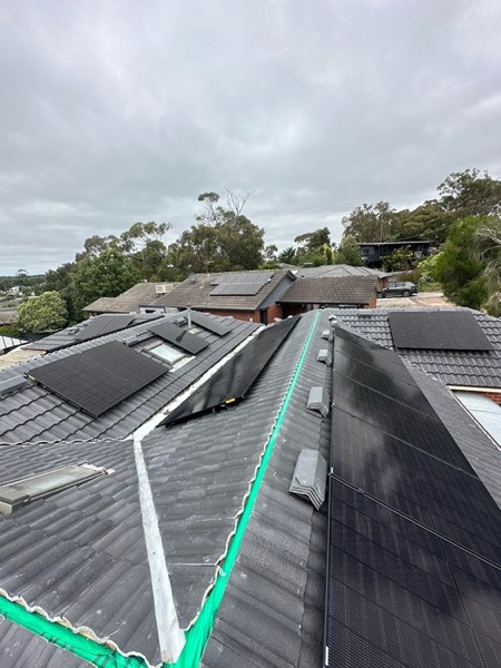 A dark tile roof with solar panels and green sarking at the edge